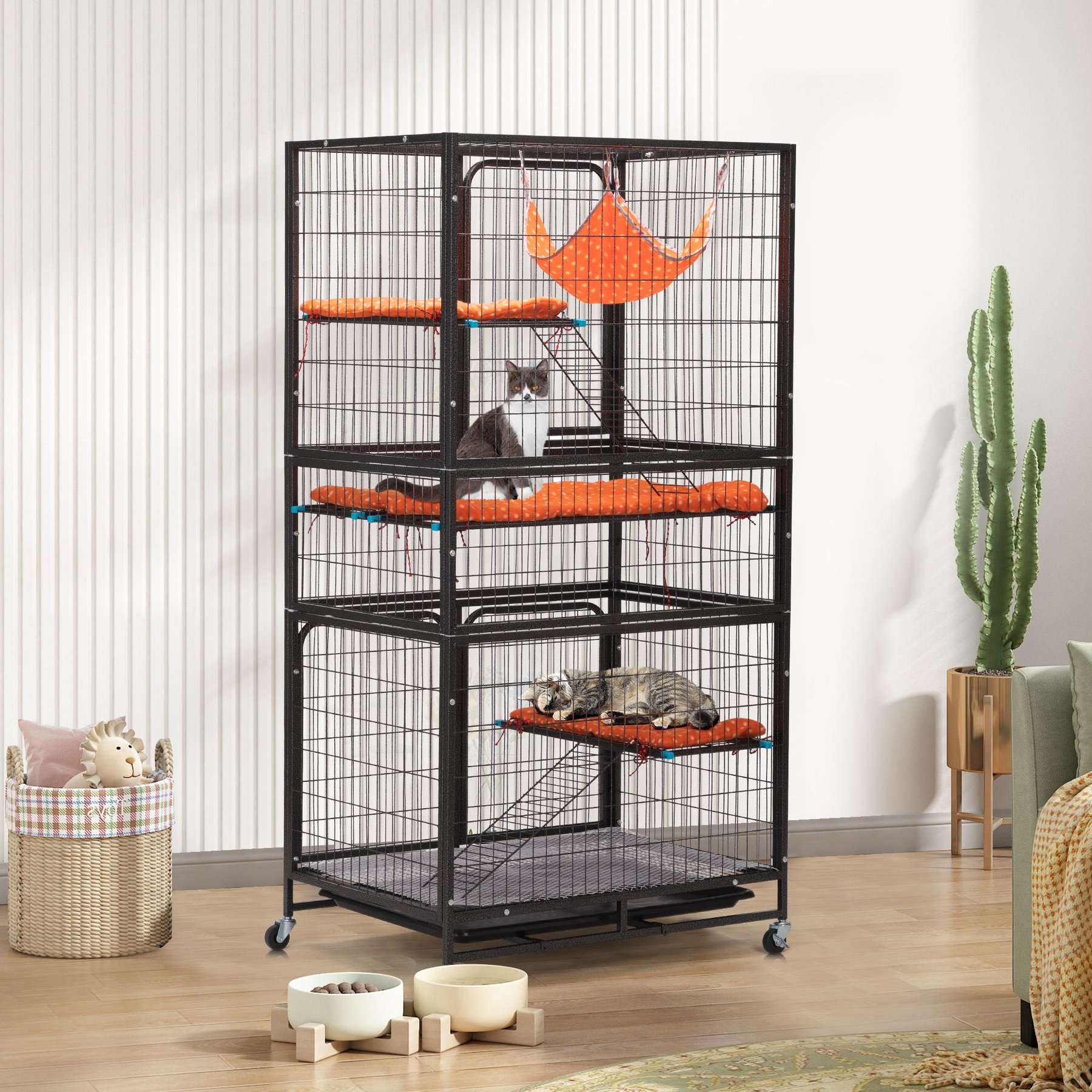Coziwow 3-Door Heavy Duty Cat Cage Playpen with Wheels, Black, 63 inch