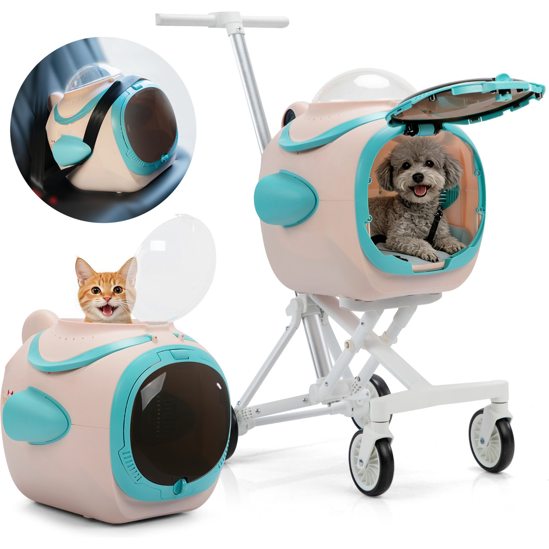 Coziwow 3-in-1 Detachable Space Capsule Pet Stroller Travel Carrier Dog & Cat Car Seat, Pink, 33-in