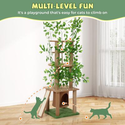 Show full view: Coziwow 76.8-in Large Leaves Plant Activity Tower Cat Tree & Condo, Brown/Green slide 6 of 10