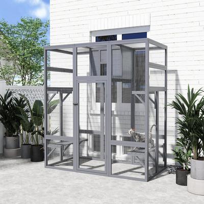 Show full view: Coziwow Catio Wooden Covered Outdoor Cat Exercise Pen, Gray, Large slide 9 of 10