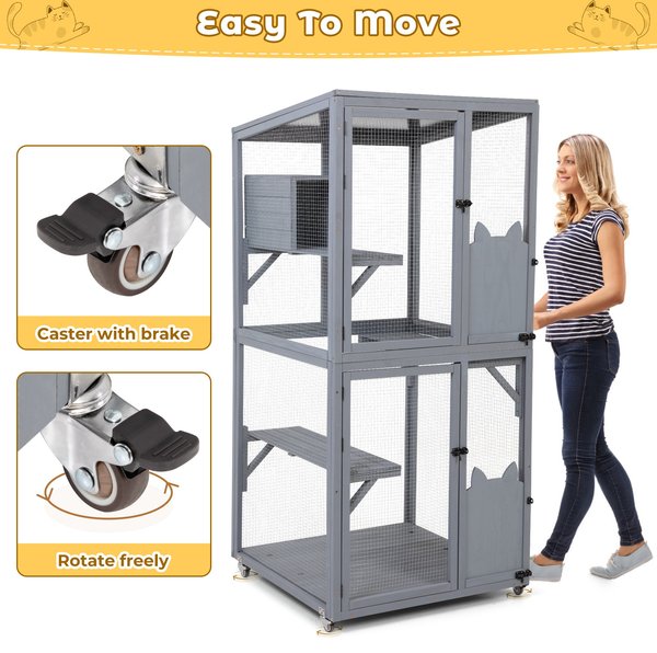 Coziwow Catio Wooden Outdoor Cat House with Wheels, Gray