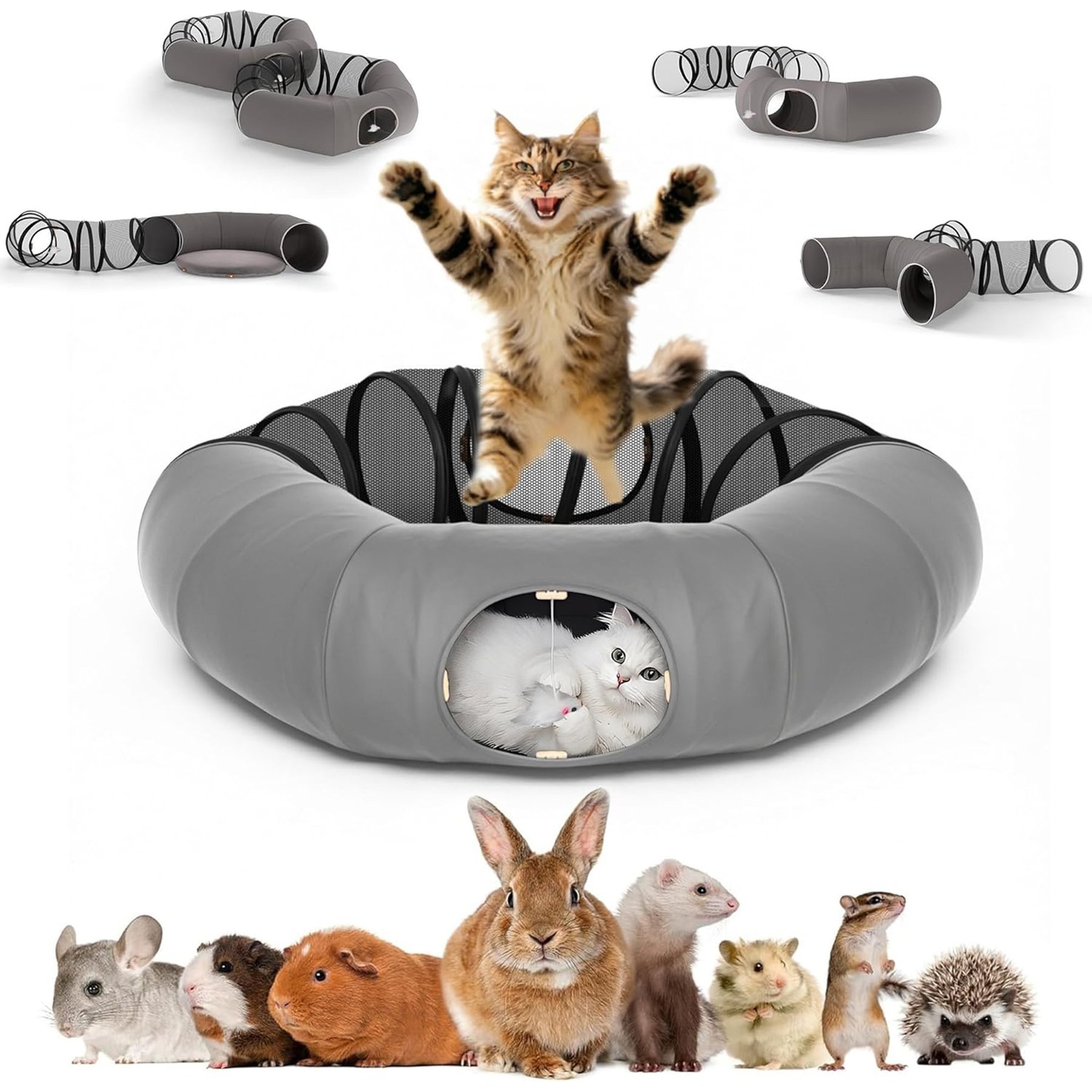 Coziwow Indoor 2-in-1 Collapsible Cat Tunnel Bed, Gray