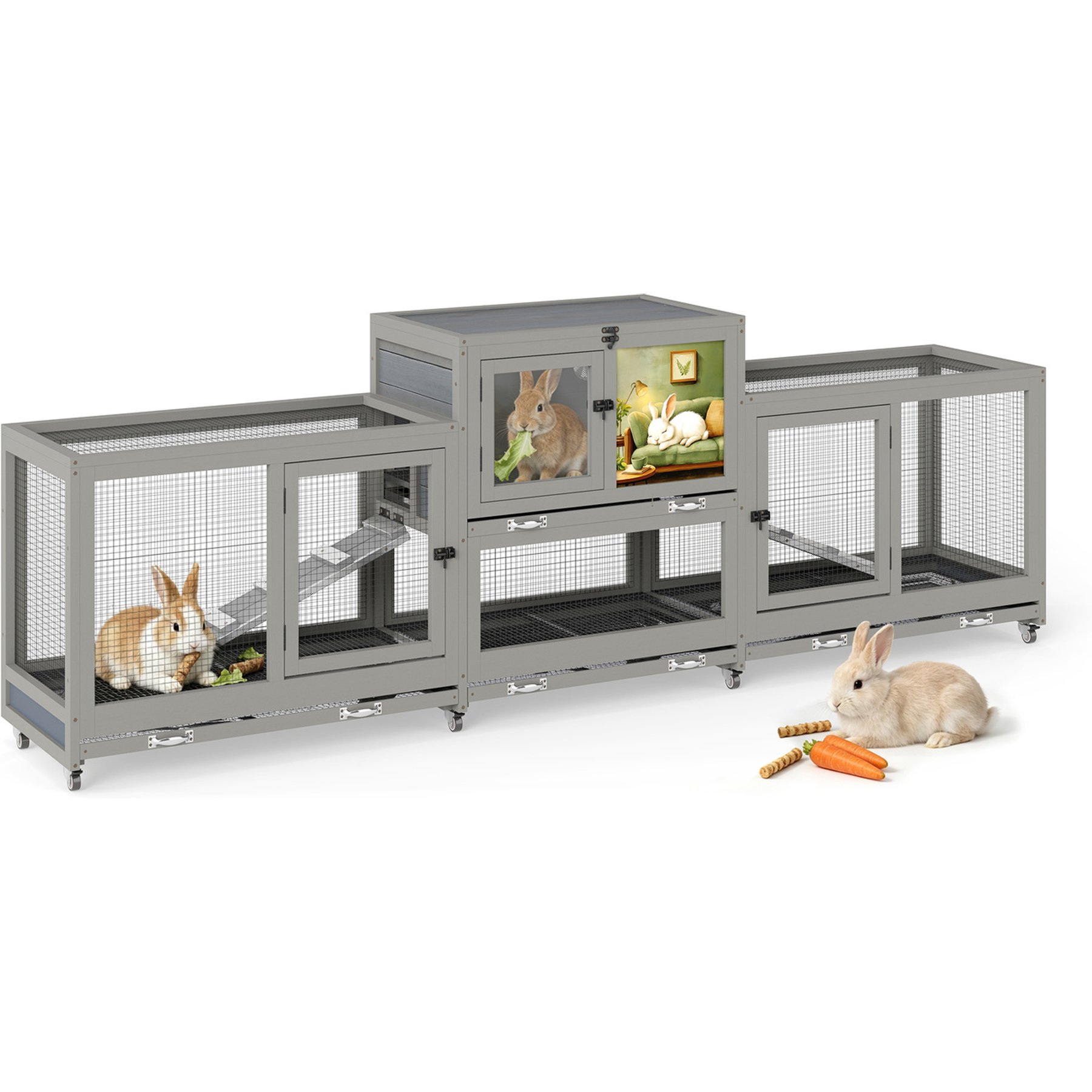 Coziwow Indoor 3-Tier 3-Door Wooden Rabbit Cage, Grey, Large : 94.5-in, 94.5-L