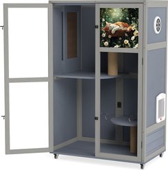 Coziwow Multi-Level Indoor Wooden Cat House with Acrylic Doors & Scratching Posts, Grey, 32.5 x 19.7 x 50.8-in slide 2 of 6
