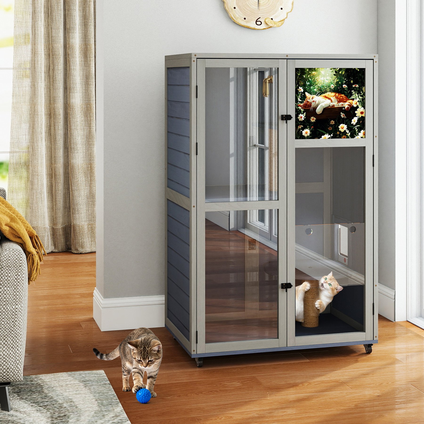 Coziwow Multi-Level Indoor Wooden Cat House with Acrylic Doors & Scratching Posts, Grey, 32.5 x 19.7 x 50.8-in