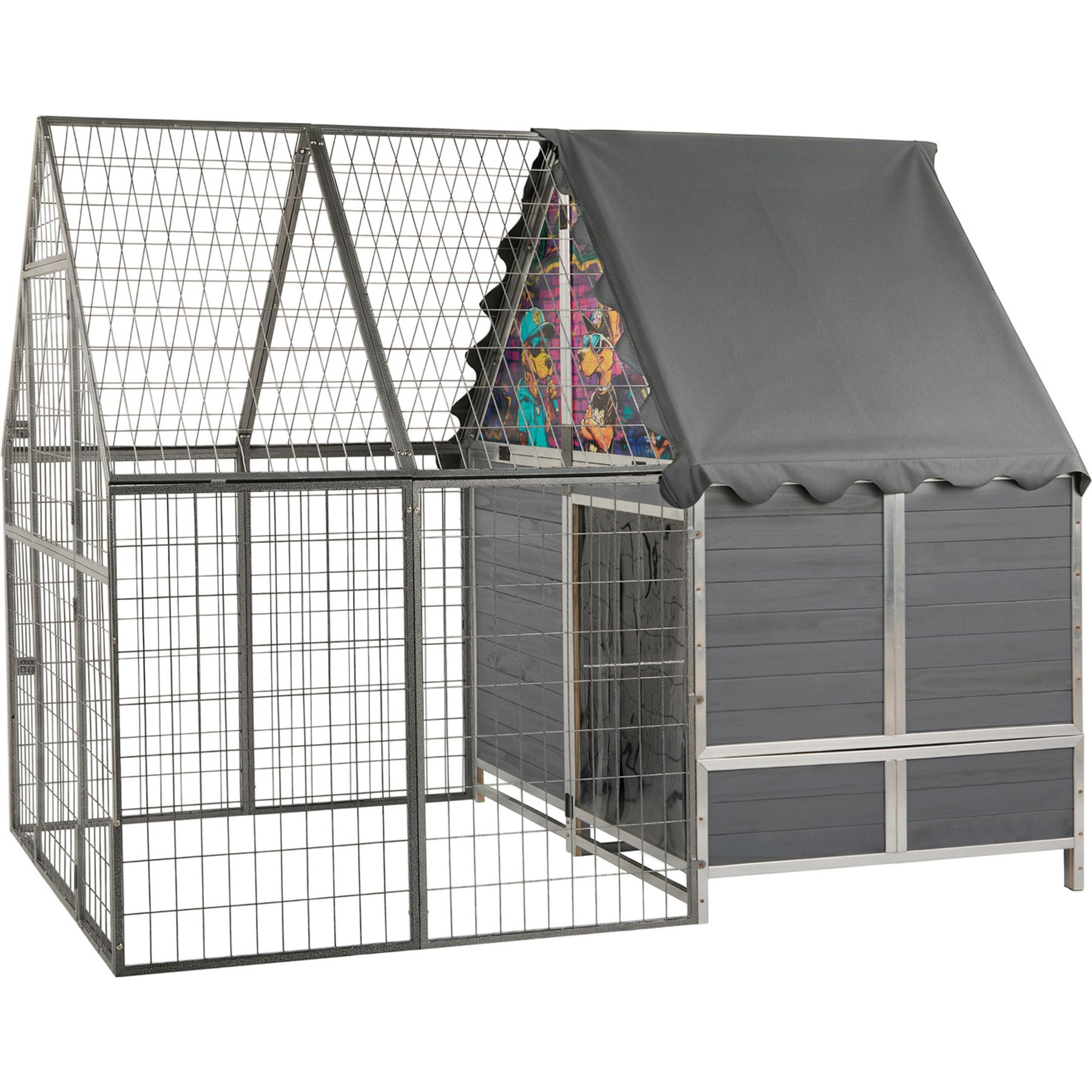 Coziwow Outdoor Enclosure Weather-Resistant Steel & Wood Backyard Heavy Duty Dog Kennel with House & Run, Grey, Large