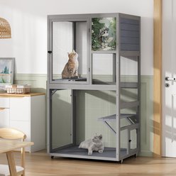 Coziwow Rolling Catio Lockable Casters Weatherproof Elevated Backyard Balcony Secure Wooden Outdoor Cat House, Grey, 35.4 x 28 x 66-in slide 2 of 8