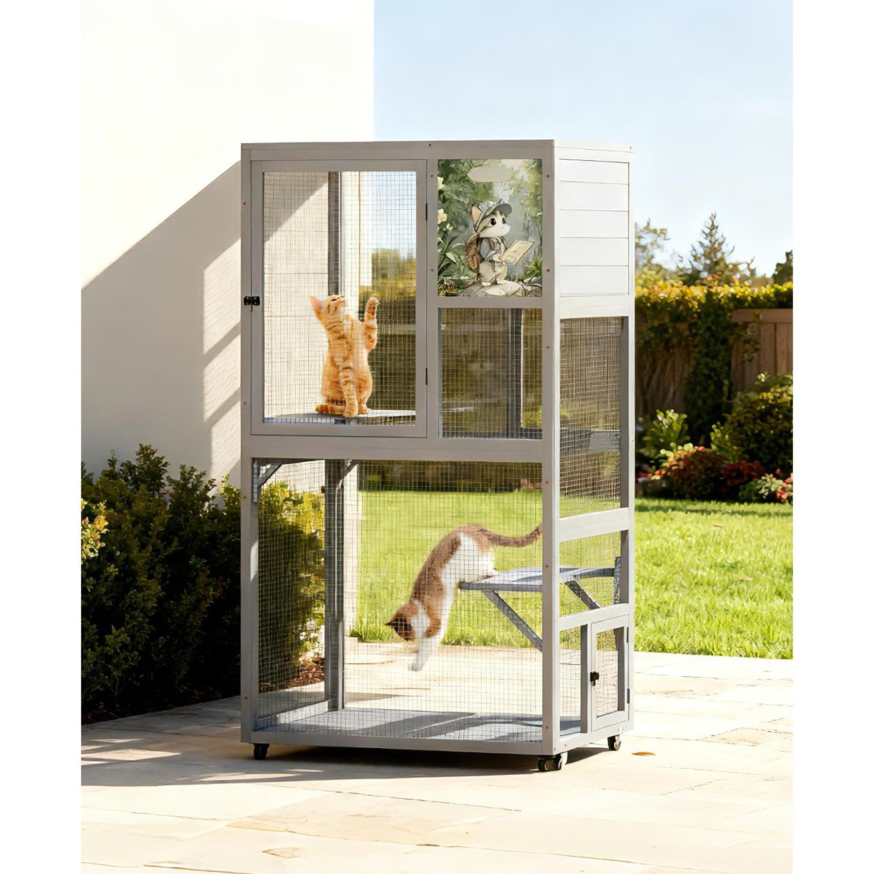 Coziwow Rolling Catio Lockable Casters Weatherproof Elevated Backyard Balcony Secure Wooden Outdoor Cat House, Grey, 35.4 x 28 x 66-in