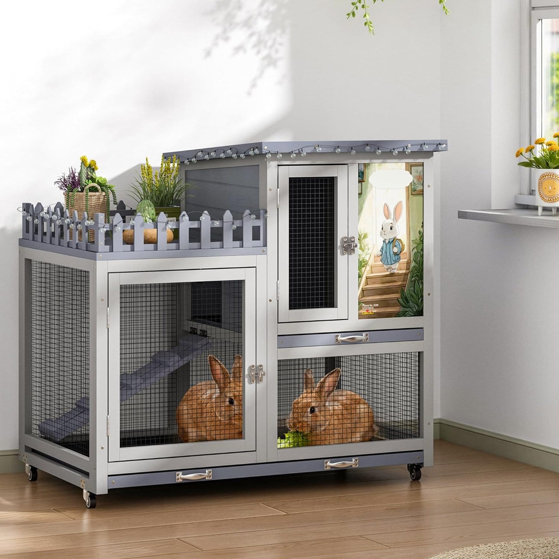 Coziwow Rolling Rabbit Hutch with Balcony & Tray, Grey