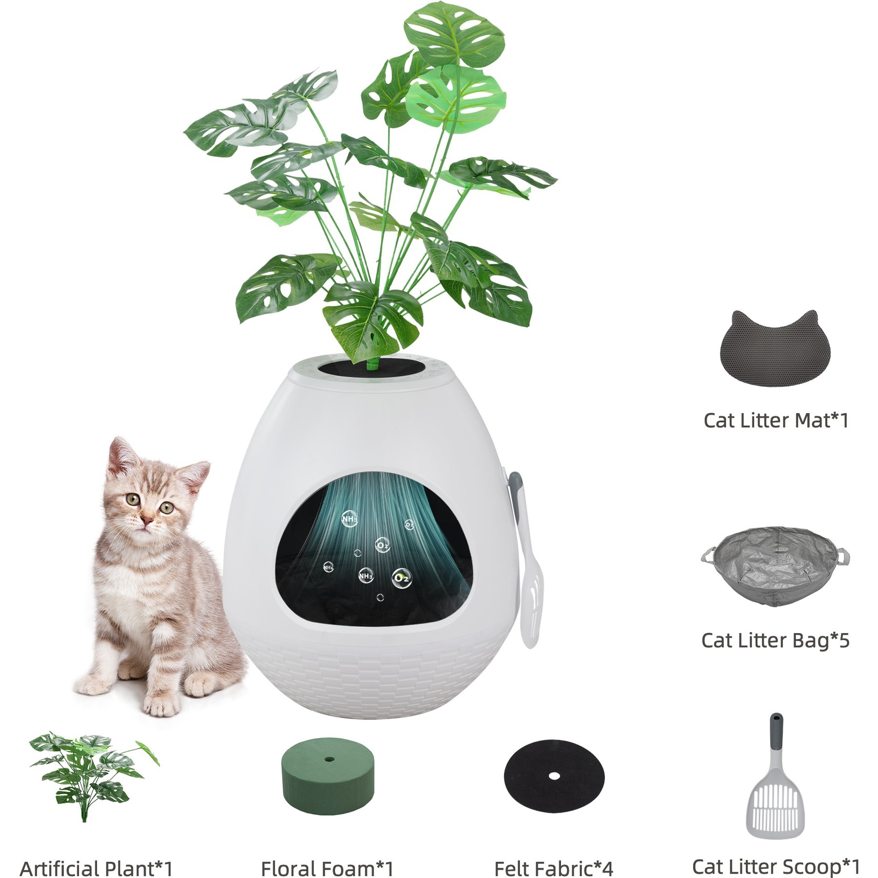 Coziwow Smart Odor Removal System & Trap Mat Cat Litter Box, White