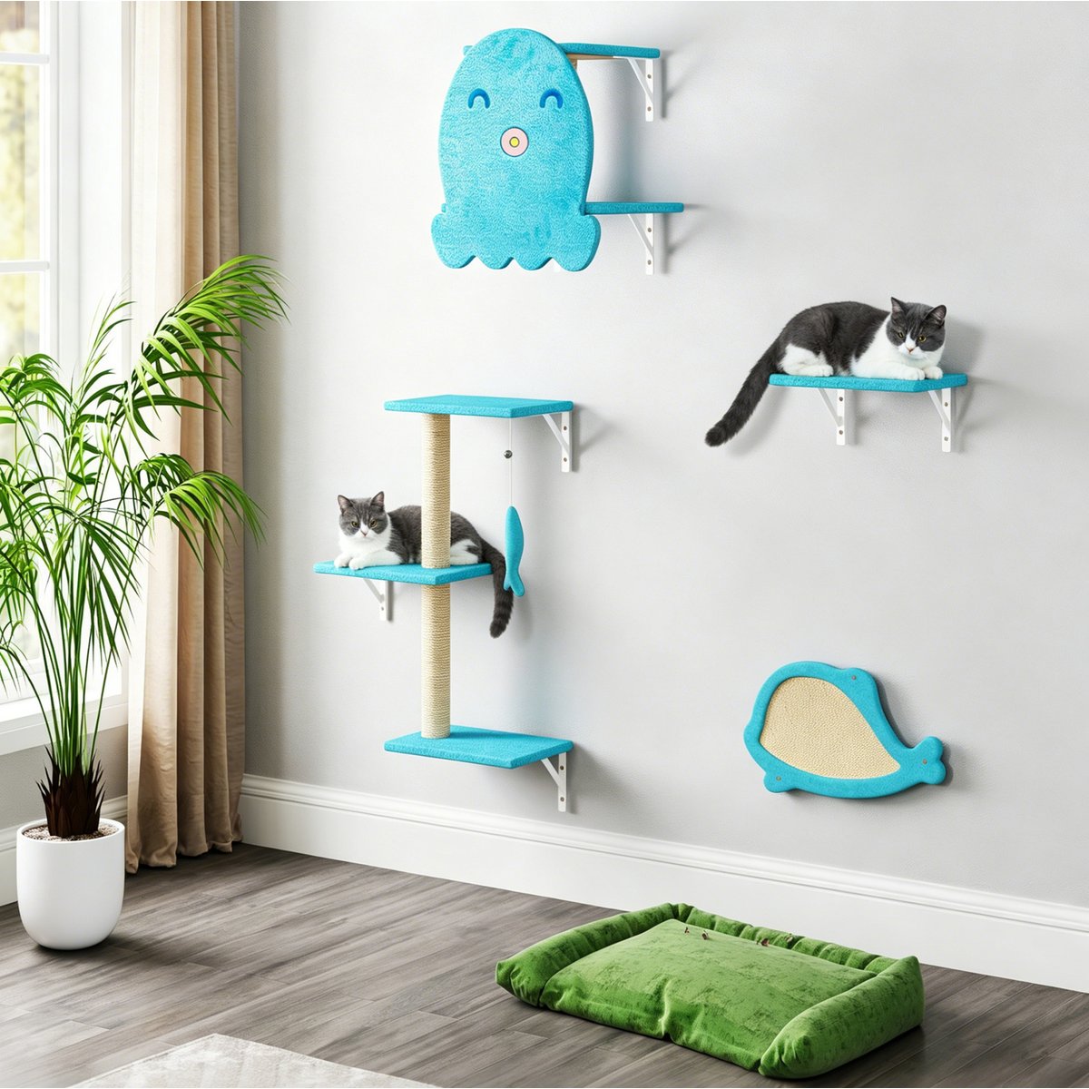 Coziwow Wall Mounted Floating Wood Scratching Post Cat Wall Shelves & Perches, Ocean Blue, Set of 5
