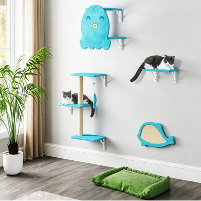 Coziwow Coziwow Wall Mounted Floating Wood Scratching Post Cat Wall Shelves & Perches, Ocean Blue, Set of 5