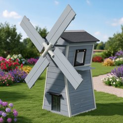 Coziwow Weatherproof Shelter Fun Windmill-Shaped Blades Wooden Outdoor Cat House with Viewing Platform, Grey