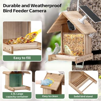 Show full view: Coziwow Wooden Solar Powered AI 1080P HD Smart Bird Feeder with Camera, 2.5-L slide 4 of 10