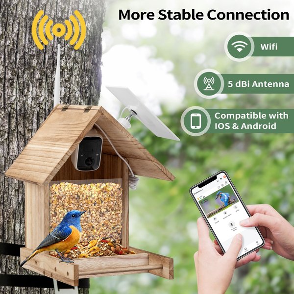 Coziwow Wooden Smart Bird Feeder with Camera Solar Powered for Wild Bird, 2.5-L