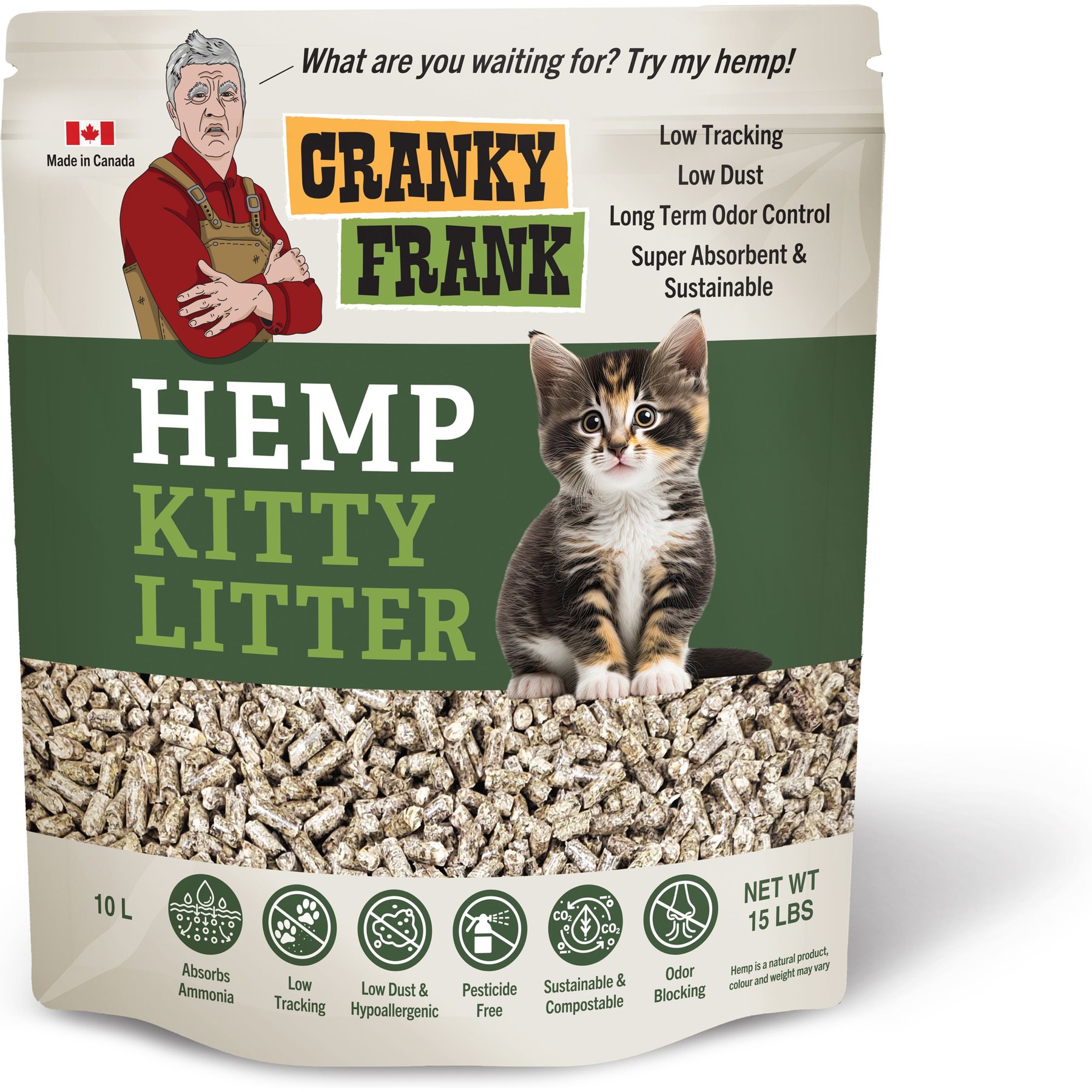 Cranky Frank Hemp Kitty Litter Unscented Non-Clumping Hemp Cat Litter, 15-lb bag, 10-L