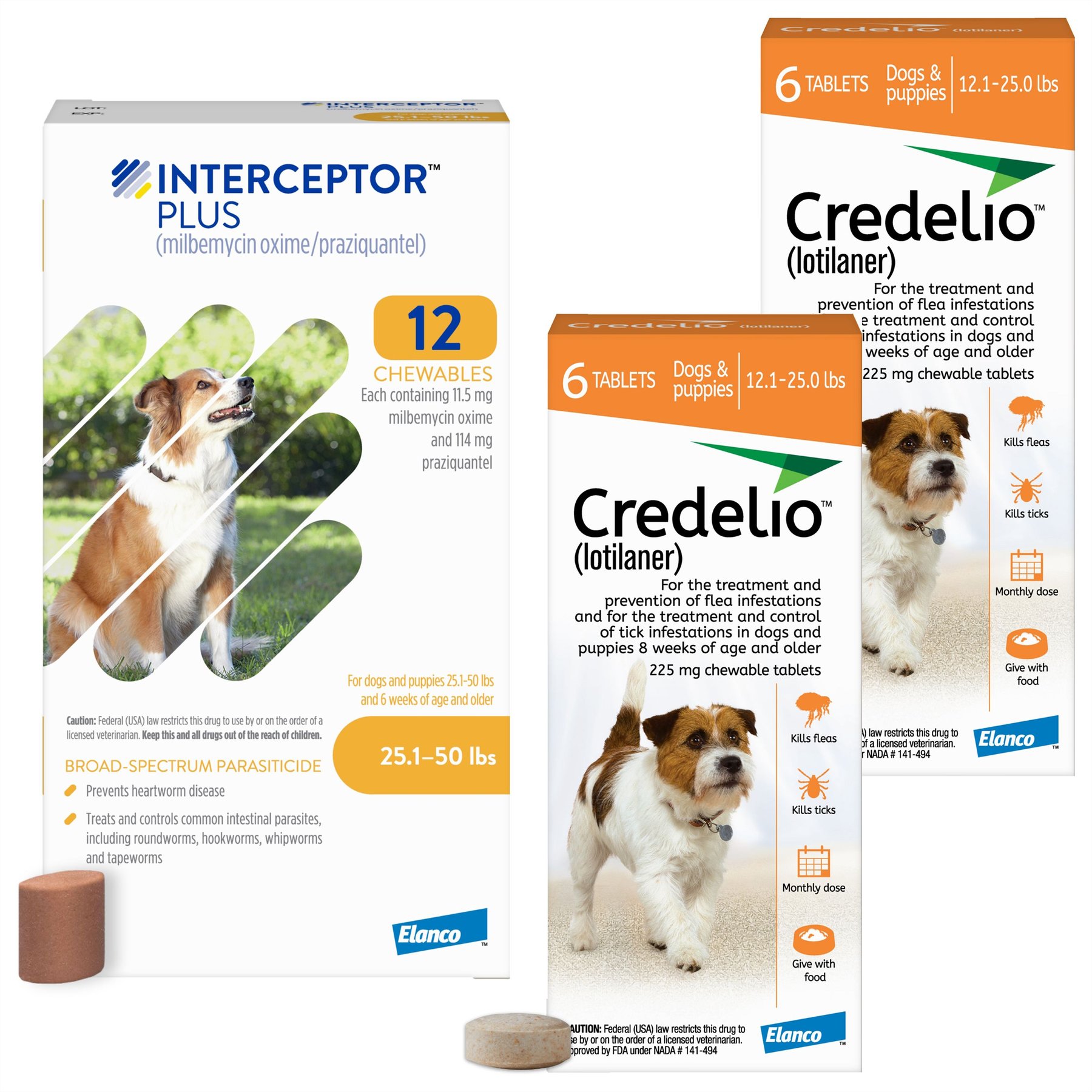 Credelio Chewable Tablet, 12.1-25 lbs, (Orange Box), 12 Chewable Tablets (12-mos. supply) + Interceptor Plus Chew for Dogs, 25.1-50 lbs, (Yellow Box), 12 Chews (12-mos. supply)