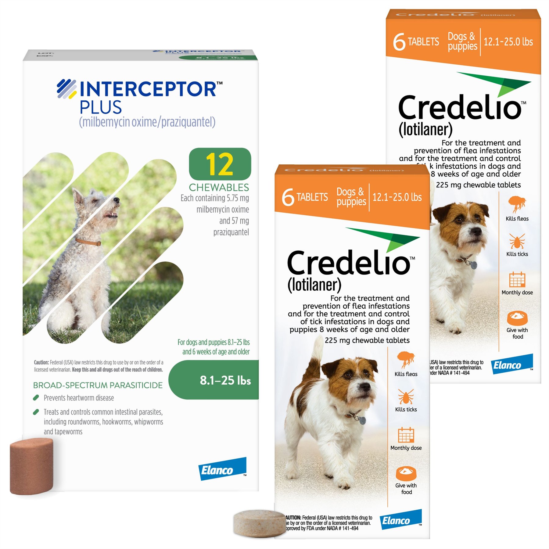 Credelio Chewable Tablet, 12.1-25 lbs, (Orange Box), 12 Chewable Tablets (12-mos. supply) + Interceptor Plus Chew for Dogs, 8.1-25 lbs, (Green Box), 12 Chews (12-mos. supply)