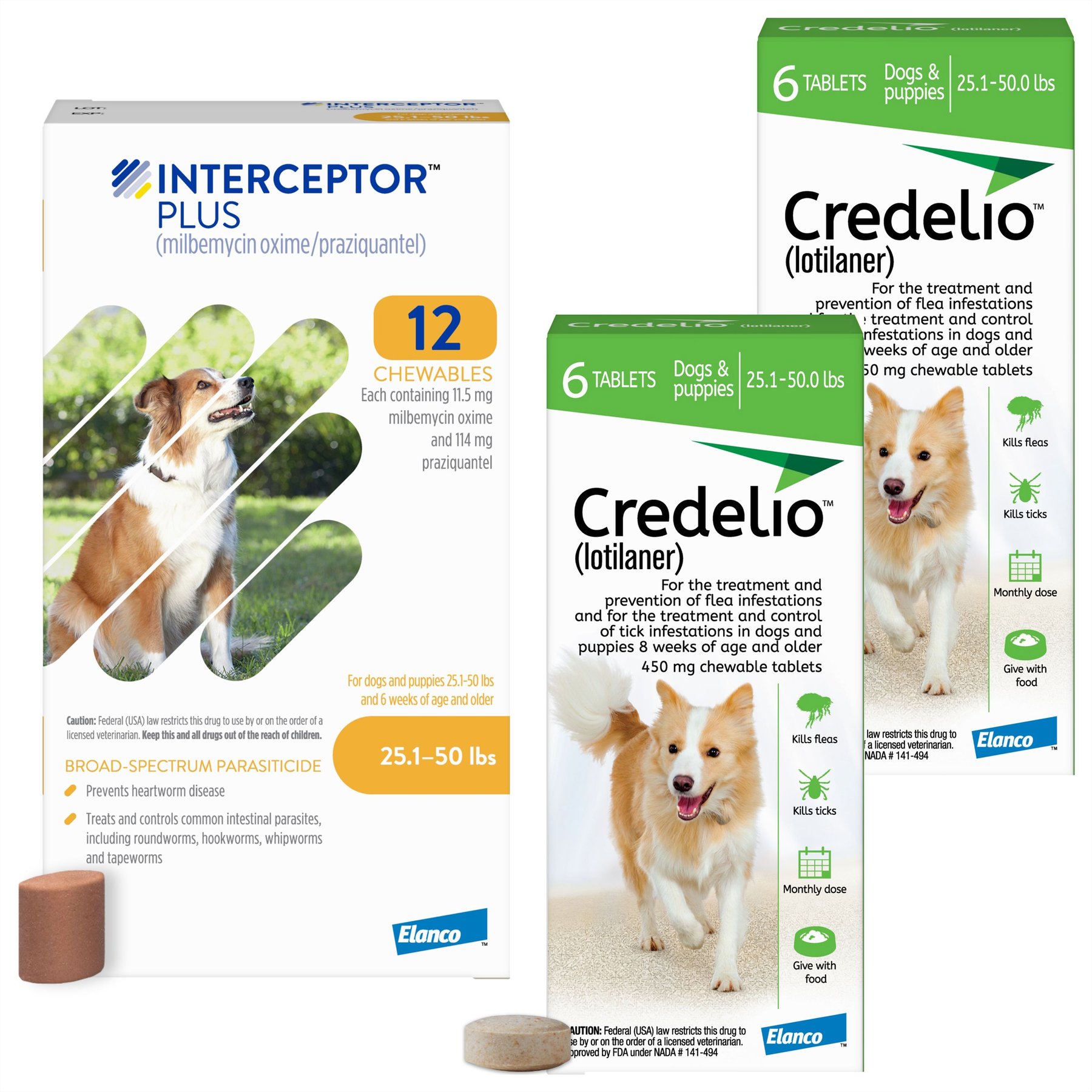 Credelio Chewable Tablet, 25.1-50 lbs, (Green Box), 12 Chewable Tablets (12-mos. supply) + Interceptor Plus Chew for Dogs, 25.1-50 lbs, (Yellow Box), 12 Chews (12-mos. supply)