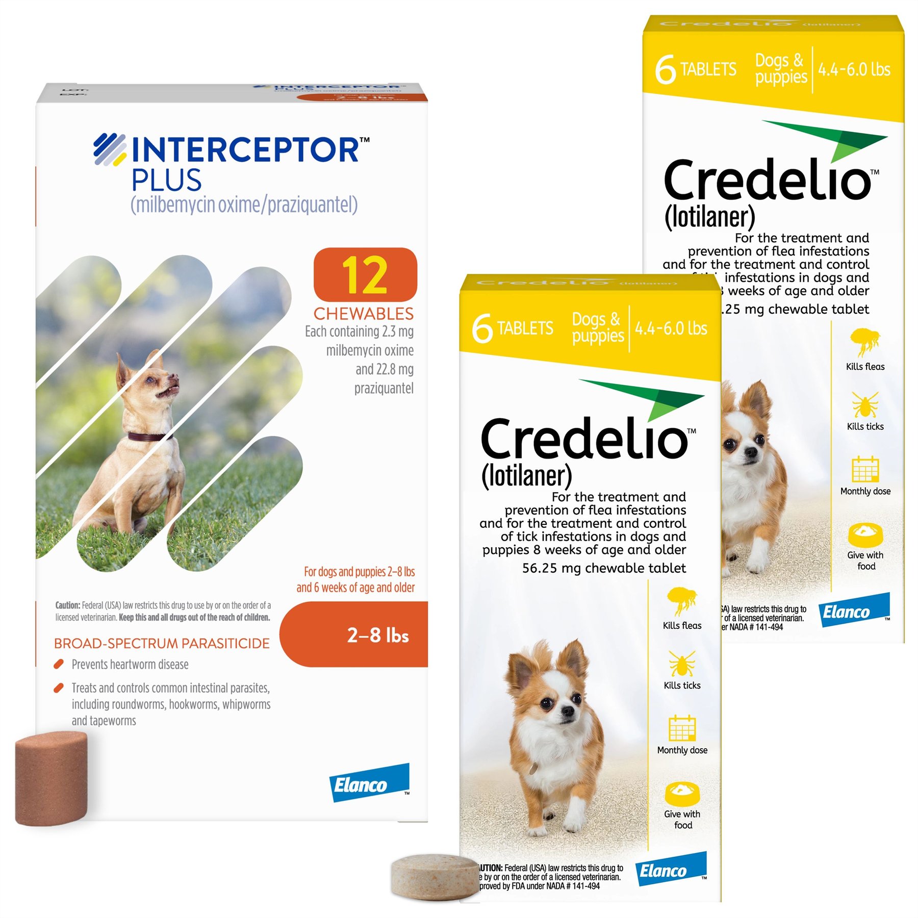 Credelio Chewable Tablet, 4.4-6 lbs, (Yellow Box), 12 Chewable Tablets (12-mos. supply) + Interceptor Plus Chew for Dogs, 2-8 lbs, (Orange Box), 12 Chews (12-mos. supply)