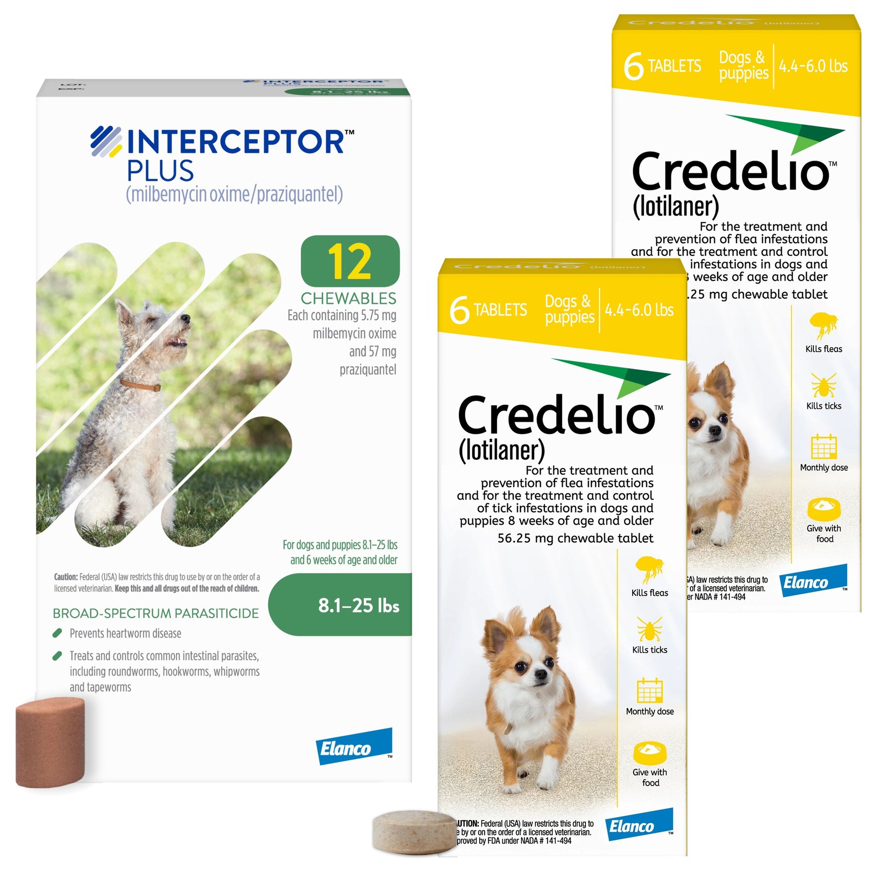 Credelio Chewable Tablet, 4.4-6 lbs, (Yellow Box), 12 Chewable Tablets (12-mos. supply) + Interceptor Plus Chew for Dogs, 8.1-25 lbs, (Green Box), 12 Chews (12-mos. supply)