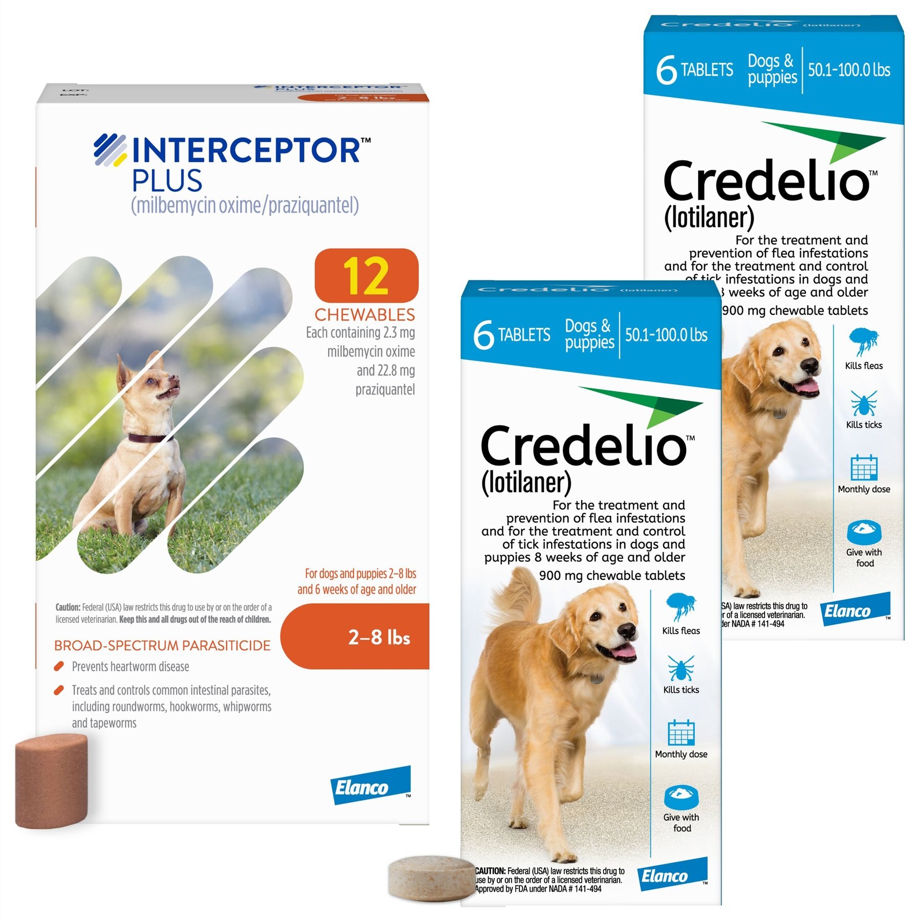Credelio Chewable Tablet, 50.1-100 lbs, (Blue Box), 12 Chewable Tablets (12-mos. supply) + Interceptor Plus Chew for Dogs, 2-8 lbs, (Orange Box), 12 Chews (12-mos. supply)