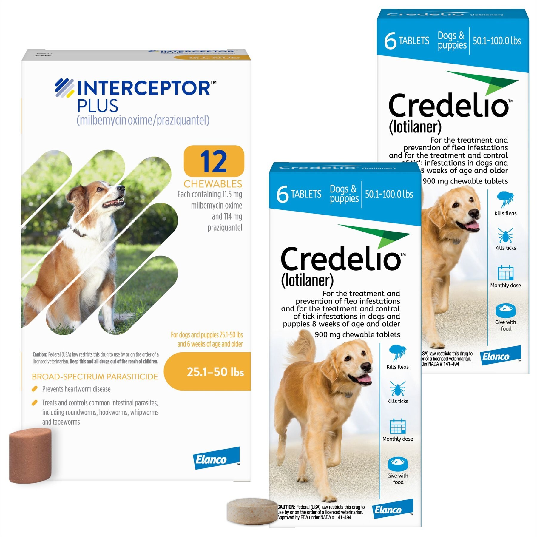 Credelio Chewable Tablet, 50.1-100 lbs, (Blue Box), 12 Chewable Tablets (12-mos. supply) + Interceptor Plus Chew for Dogs, 25.1-50 lbs, (Yellow Box), 12 Chews (12-mos. supply)