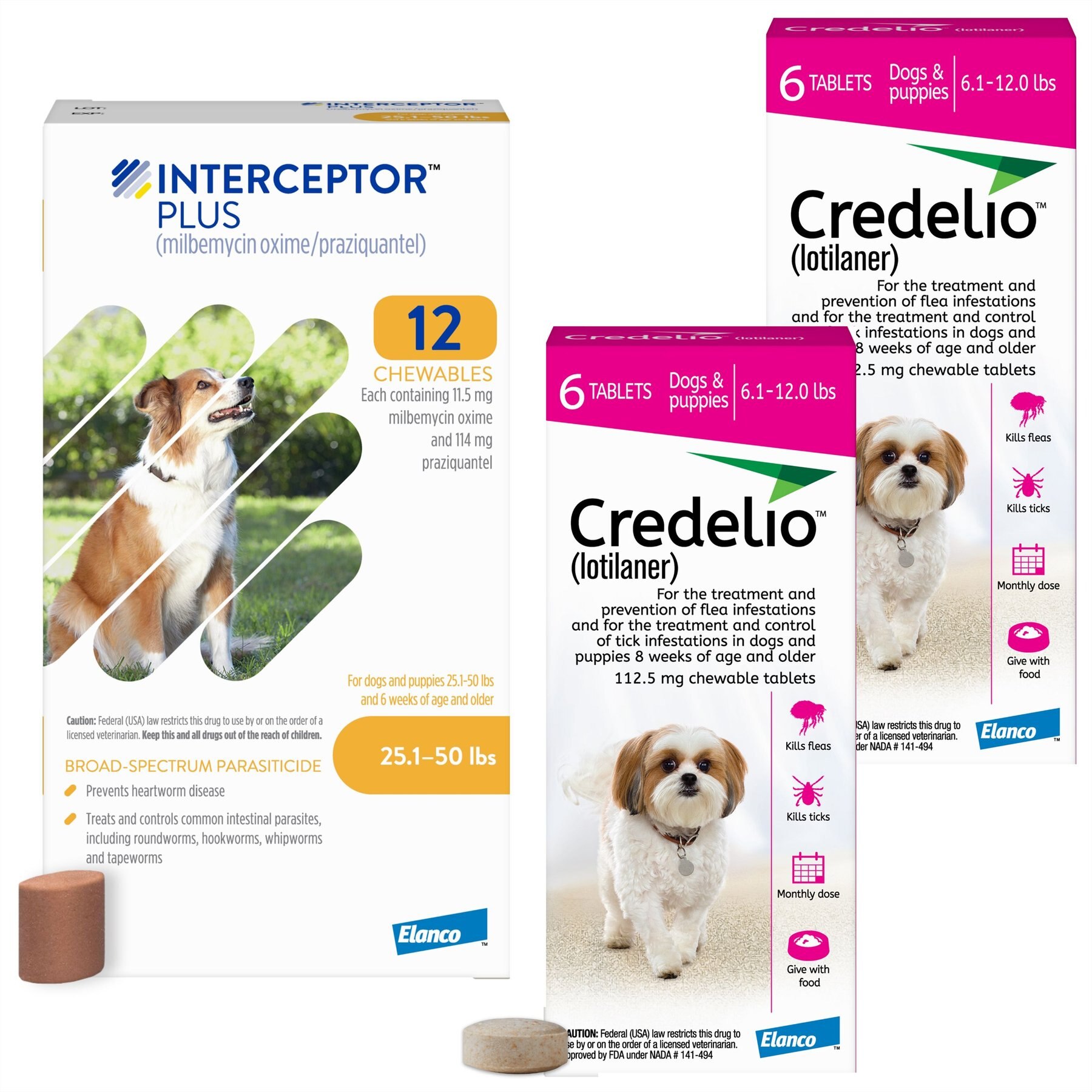 Credelio Chewable Tablet, 6.1-12 lbs, (Pink Box), 12 Chewable Tablets (12-mos. supply) + Interceptor Plus Chew for Dogs, 25.1-50 lbs, (Yellow Box), 12 Chews (12-mos. supply)