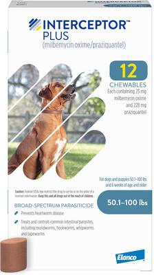 Show full view: Credelio Chewable Tablet, 6.1-12 lbs, (Pink Box), 12 Chewable Tablets (12-mos. supply) + Interceptor Plus Chew for Dogs, 50.1-100 lbs, (Blue Box), 12 Chews (12-mos. supply) slide 6 of 9