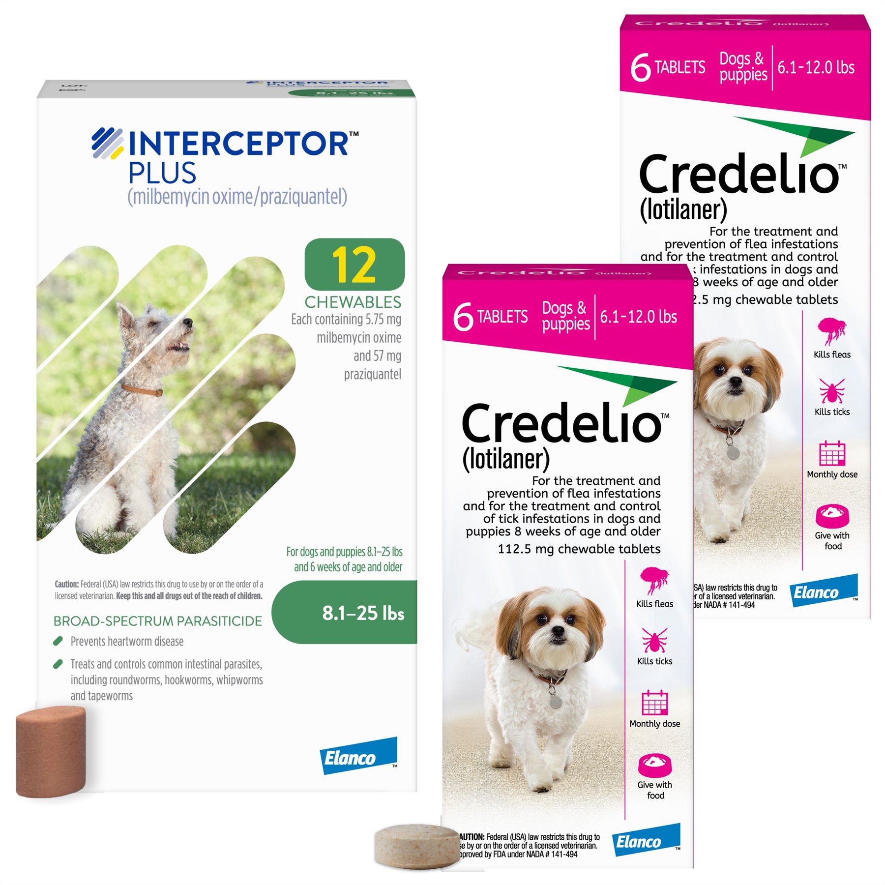 Credelio Chewable Tablet, 6.1-12 lbs, (Pink Box), 12 Chewable Tablets (12-mos. supply) + Interceptor Plus Chew for Dogs, 8.1-25 lbs, (Green Box), 12 Chews (12-mos. supply)
