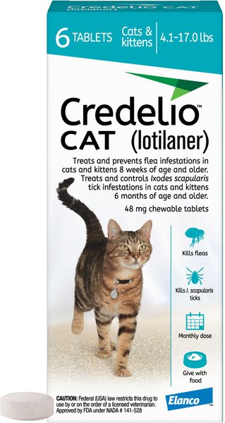 Show full view: Credelio Chewable Tablets for Cats, 4.1-17 lbs, (Teal Box), 6 Chewable Tablets (6-mos. supply) slide 1 of 9