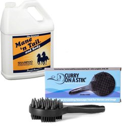 Curry on a Stik Horse & Dog Grooming Brush + Mane 'n Tail Pet Shampoo, 1-gal bottle