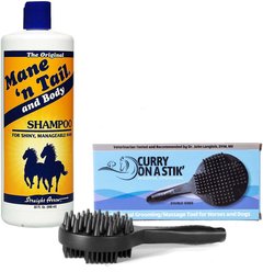 Curry on a Stik Horse & Dog Grooming Brush + Mane 'n Tail Pet Shampoo, 32-fl oz bottle