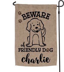 Custom Personalization Solutions Beware of Friendly Dog Personalized Burlap Garden Flag