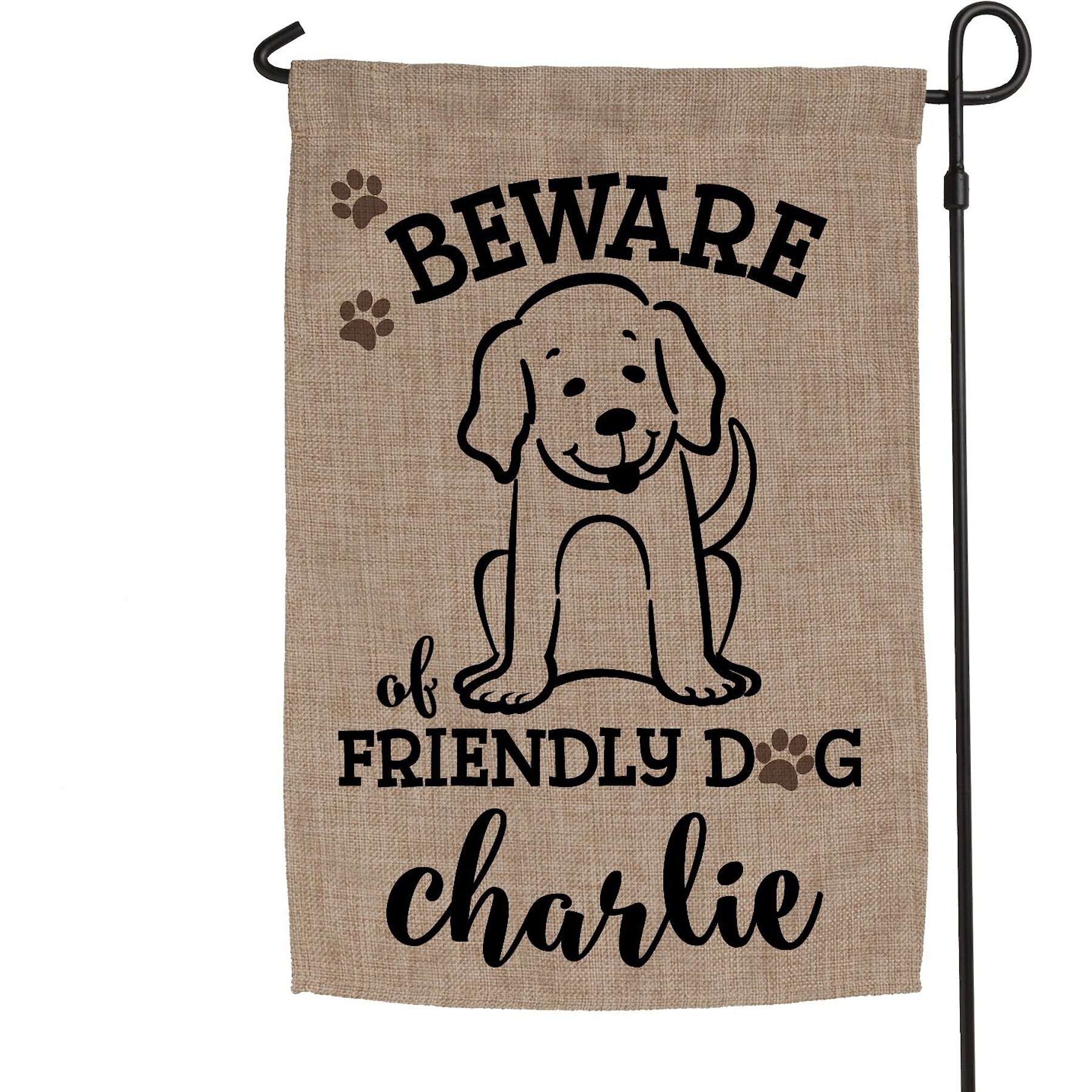Custom Personalization Solutions Beware of Friendly Dog Personalized Burlap Garden Flag