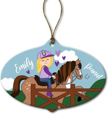 Show full view: Custom Personalization Solutions Christmas Blonde Girl Riding Her Horse Personalized Christmas Tree Ornament slide 1 of 4