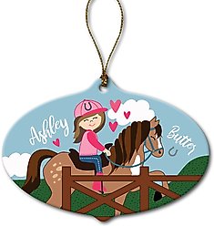 Custom Personalization Solutions Brunette Girl Riding Her Horse Personalized Christmas Tree Ornament
