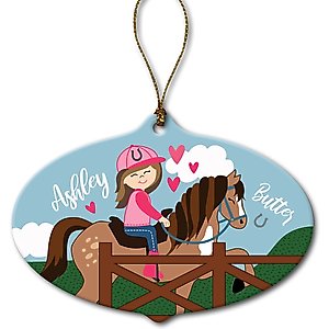 Custom Personalization Solutions Brunette Girl Riding Her Horse Personalized Christmas Tree Ornament