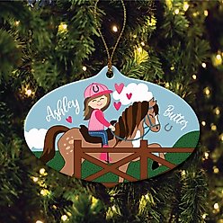 Custom Personalization Solutions Christmas Brunette Girl Riding Her Horse Personalized Christmas Tree Ornament slide 2 of 4