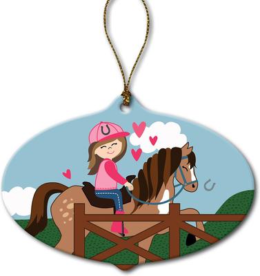 Show full view: Custom Personalization Solutions Christmas Brunette Girl Riding Her Horse Personalized Christmas Tree Ornament slide 4 of 4