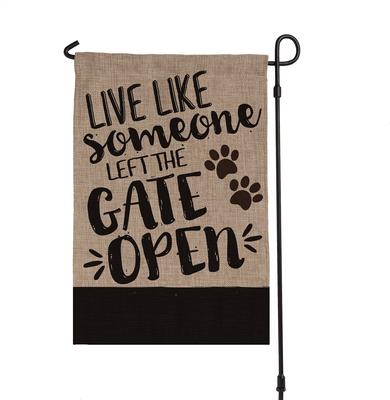 Show full view: Custom Personalization Solutions Live Like Someone Left The Gate Open Personalized Dog Burlap Flag slide 4 of 4