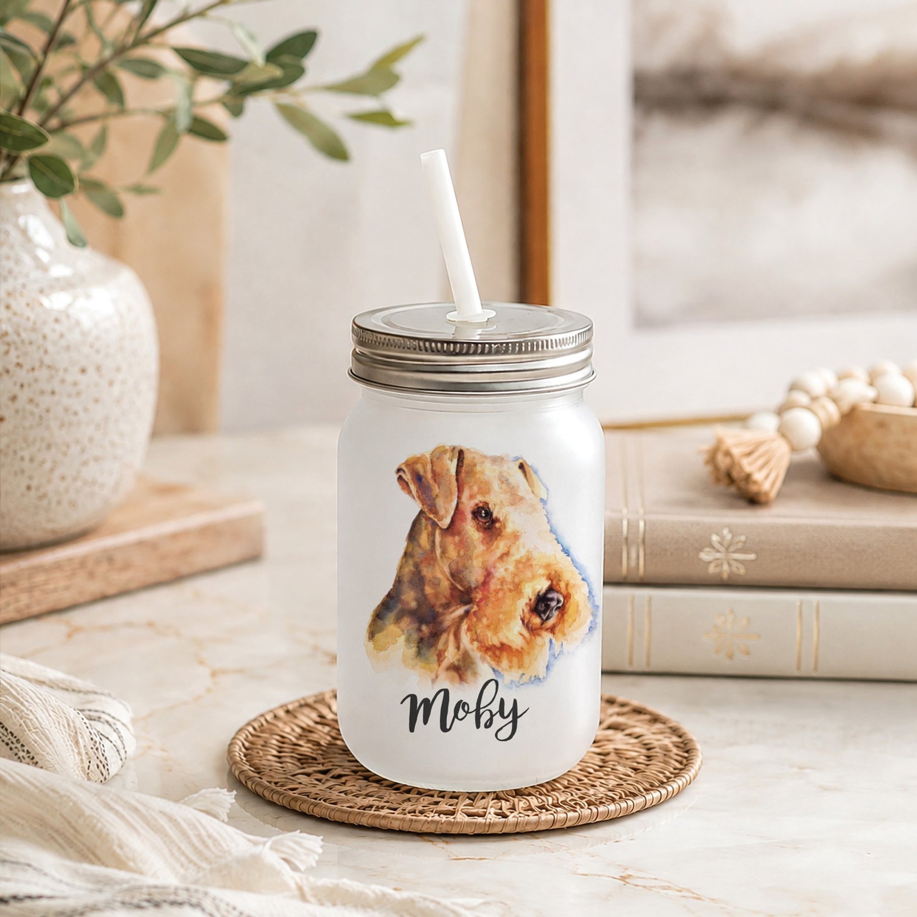 Custom Personalization Solutions Pet Breeds Airedale Frosted Mason Jar with Lid & Straw, White, 15-oz
