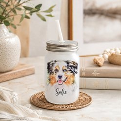 Custom Personalization Solutions Pet Breeds Australian Shepherd Blue Merle Frosted Mason Jar with Lid & Straw, White, 15-oz