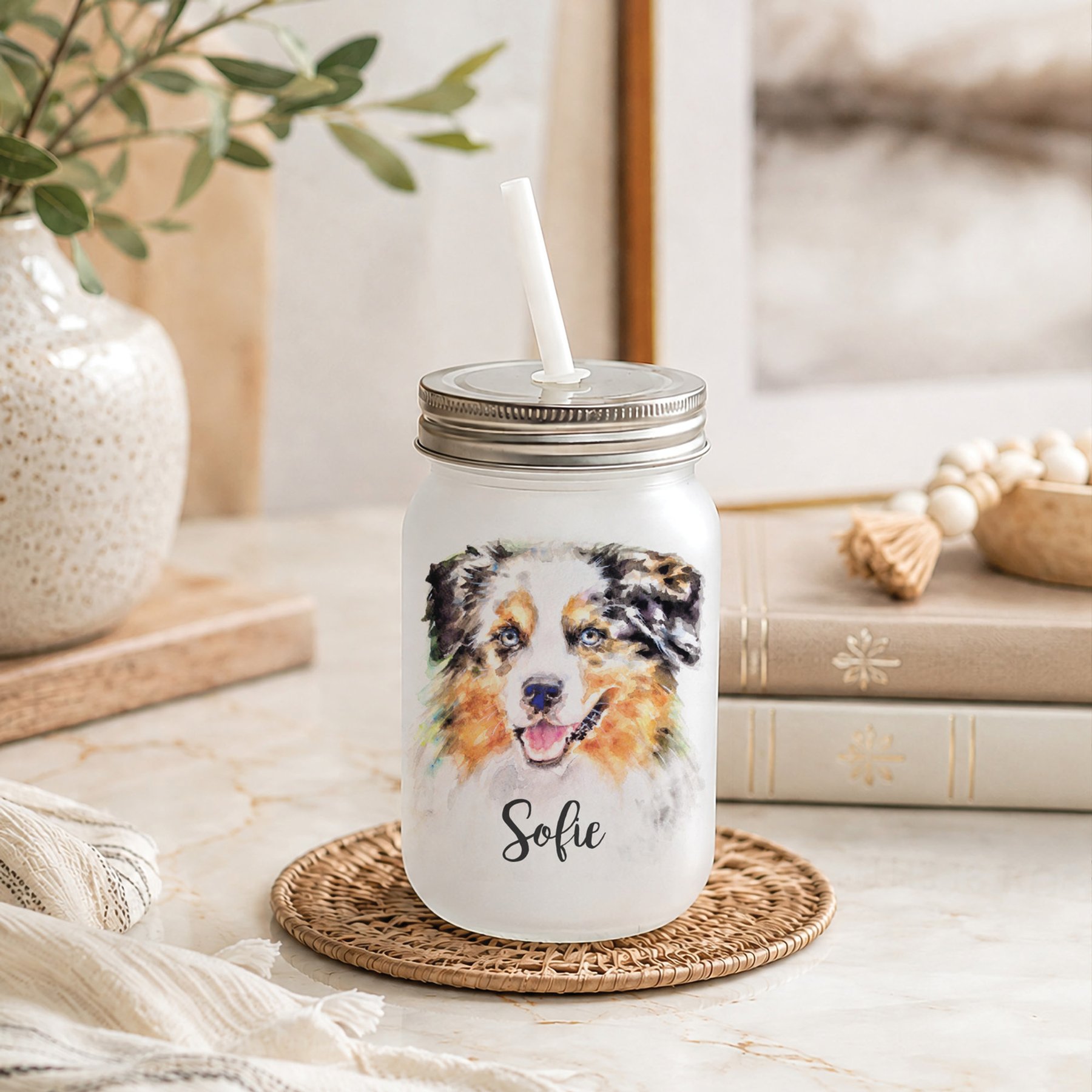 Custom Personalization Solutions Pet Breeds Australian Shepherd Blue Merle Frosted Mason Jar with Lid & Straw, White, 15-oz