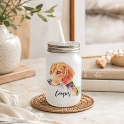 Custom Personalization Solutions Pet Breeds Beagle Frosted Mason Jar with Lid & Straw, White, 15-oz