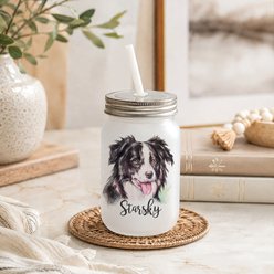 Custom Personalization Solutions Pet Breeds Border Collie Black & White Frosted Mason Jar with Lid & Straw, White, 15-oz