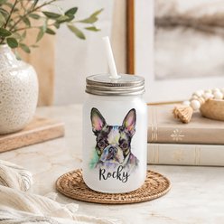 Custom Personalization Solutions Pet Breeds Boston Terrier Frosted Mason Jar with Lid & Straw, White, 15-oz