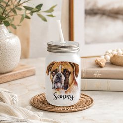 Custom Personalization Solutions Pet Breeds Boxer Frosted Mason Jar with Lid & Straw, White, 15-oz