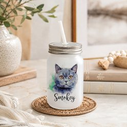 Custom Personalization Solutions Pet Breeds British Shorthair Cat Blue Frosted Mason Jar with Lid & Straw, White, 15-oz