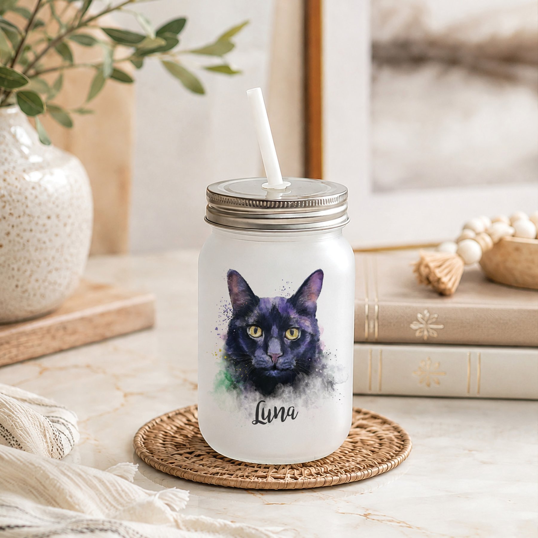 Custom Personalization Solutions Pet Breeds Cat Black Frosted Mason Jar with Lid & Straw, White, 15-oz